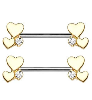 14G Golden Double Heart Nipple Ring Barbell