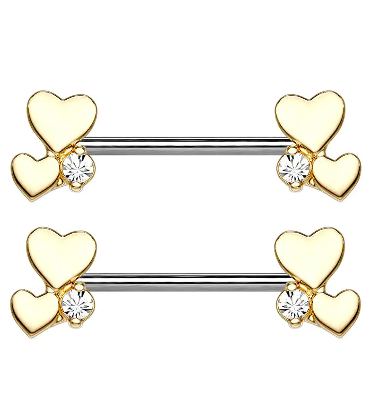 14G Golden Double Heart Nipple Ring Barbell