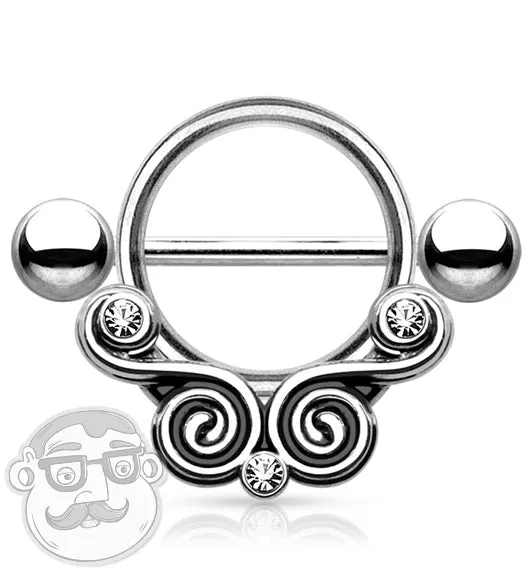 14G Silver Brass Twirl Filigree Barbell Nipple Ring Shield