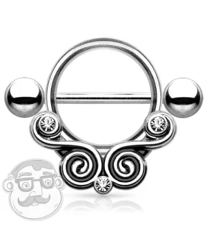 14G Silver Brass Twirl Filigree Barbell Nipple Ring Shield