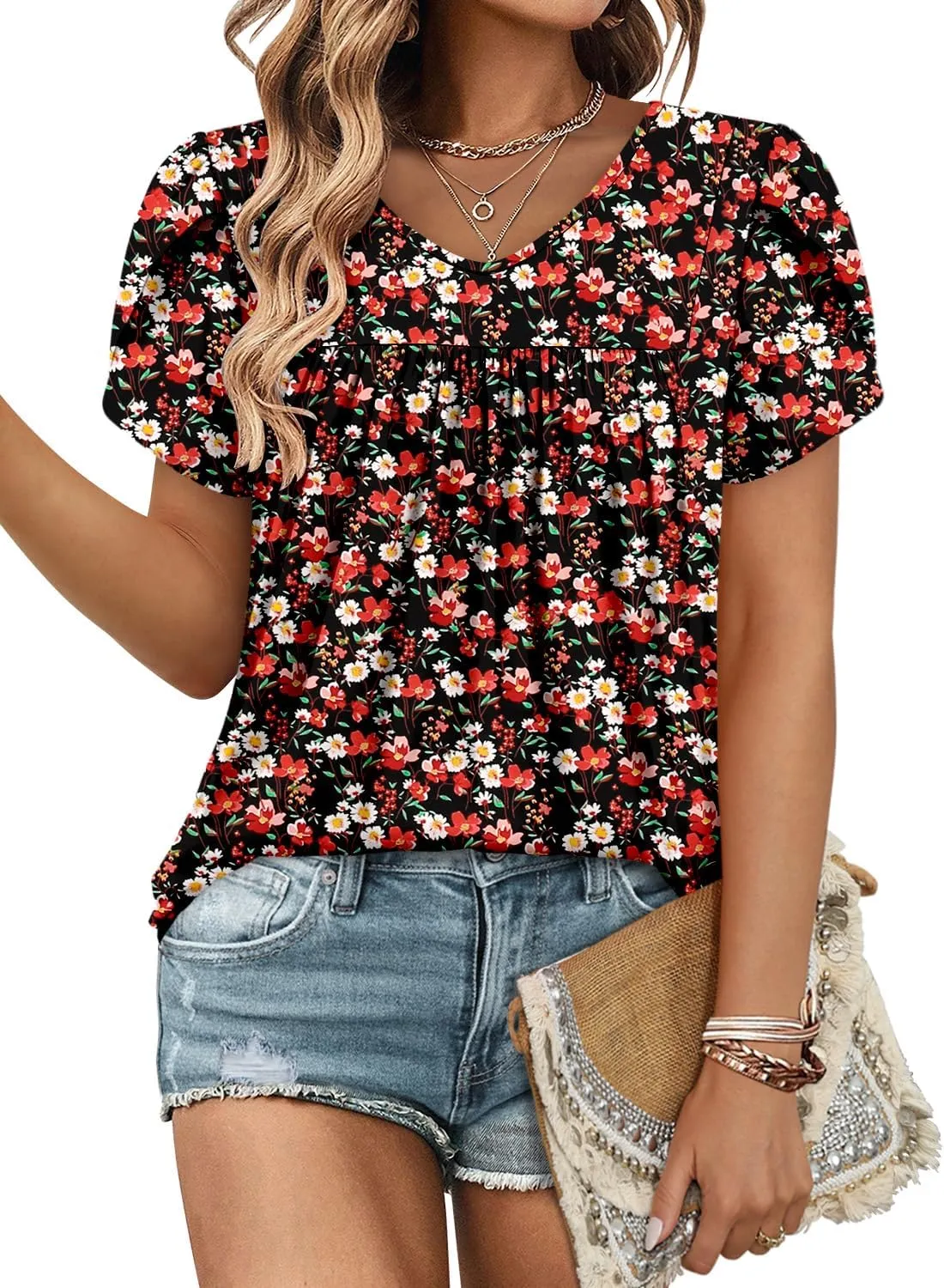 Angerella Womens Tops Dressy Casual Summer Short Sleeve T-Shirts Trendy Loose Blouse V Neck Tunic Tops to Wear with Leggings