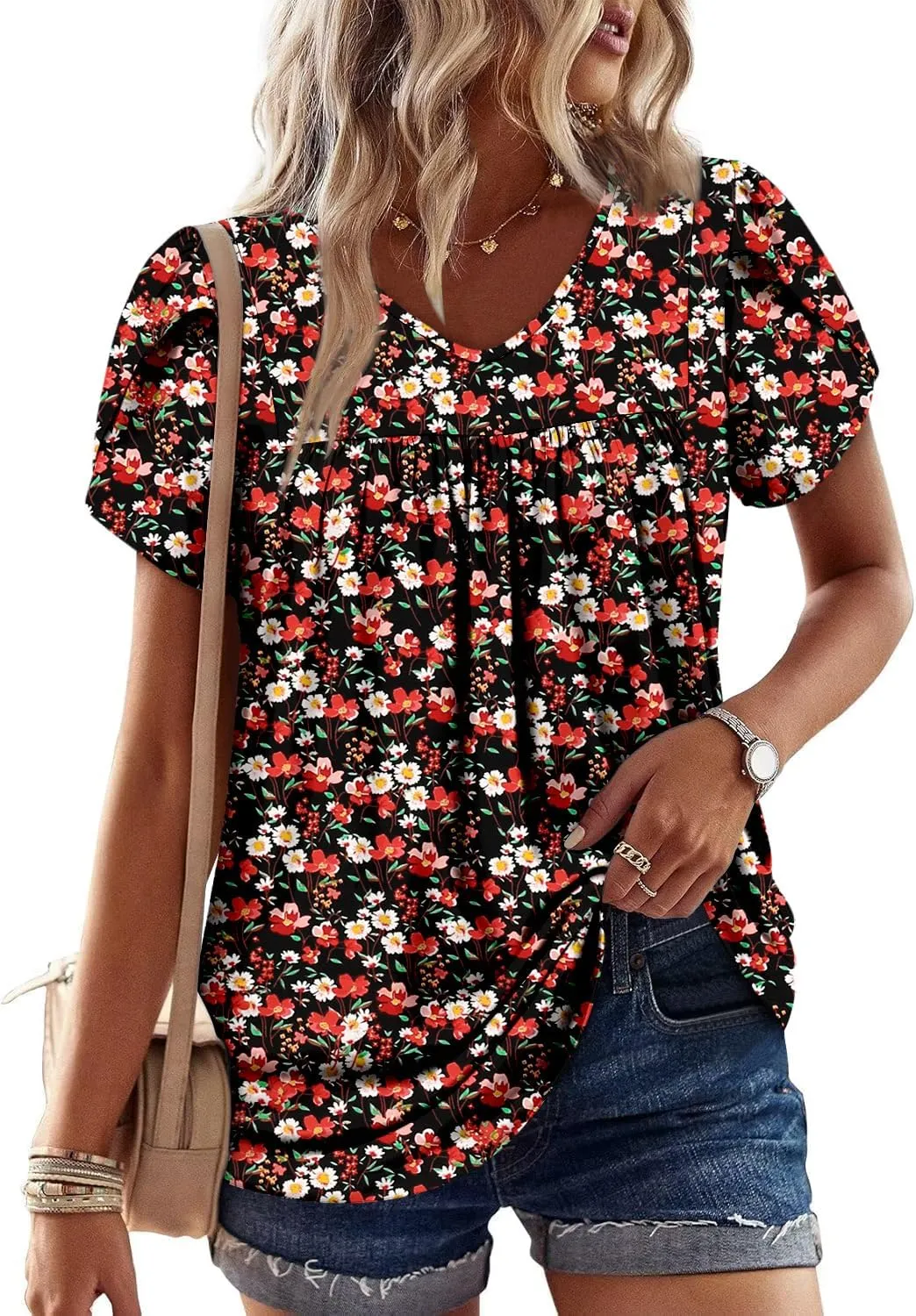 Angerella Womens Tops Dressy Casual Summer Short Sleeve T-Shirts Trendy Loose Blouse V Neck Tunic Tops to Wear with Leggings