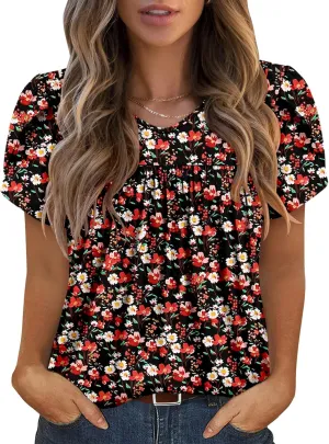 Angerella Womens Tops Dressy Casual Summer Short Sleeve T-Shirts Trendy Loose Blouse V Neck Tunic Tops to Wear with Leggings