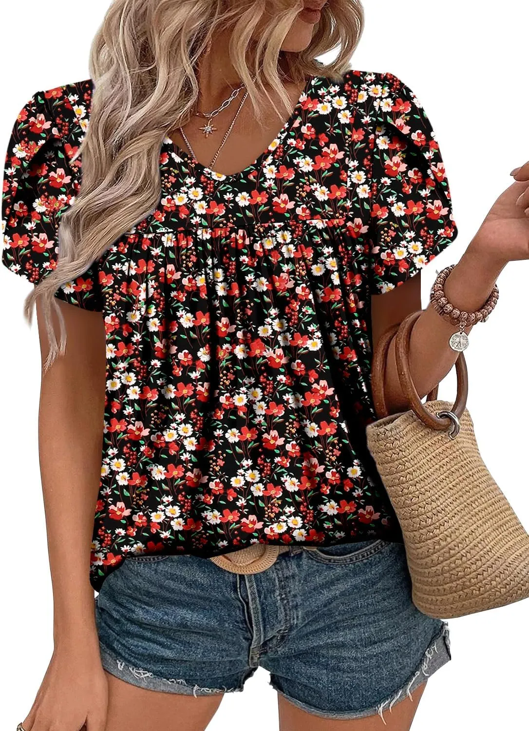 Angerella Womens Tops Dressy Casual Summer Short Sleeve T-Shirts Trendy Loose Blouse V Neck Tunic Tops to Wear with Leggings