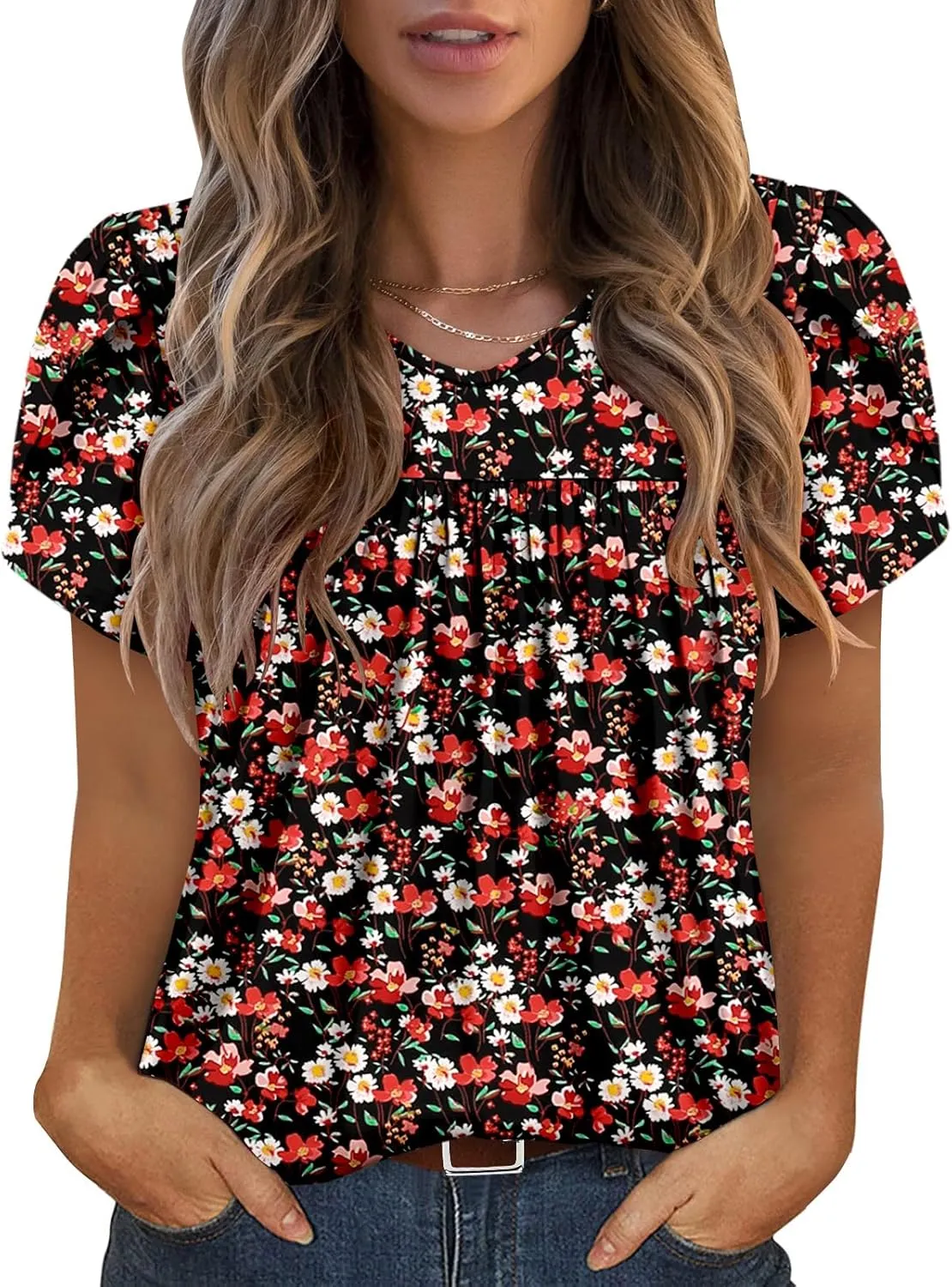 Angerella Womens Tops Dressy Casual Summer Short Sleeve T-Shirts Trendy Loose Blouse V Neck Tunic Tops to Wear with Leggings