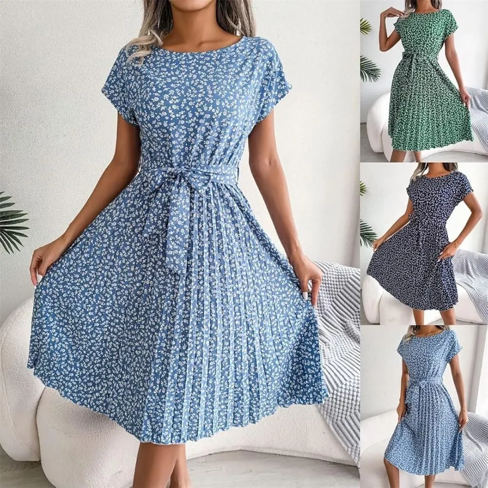 Chic High Waist Short Sleeve Dresses for Women Summer A Line Long Belted Flowy Casual Dress