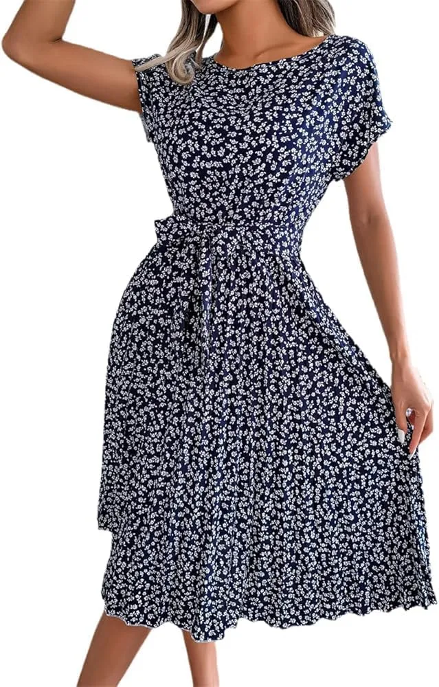 Chic High Waist Short Sleeve Dresses for Women Summer A Line Long Belted Flowy Casual Dress