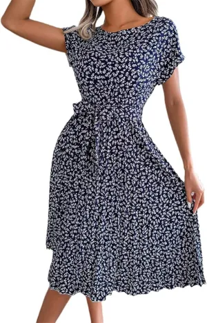 Chic High Waist Short Sleeve Dresses for Women Summer A Line Long Belted Flowy Casual Dress