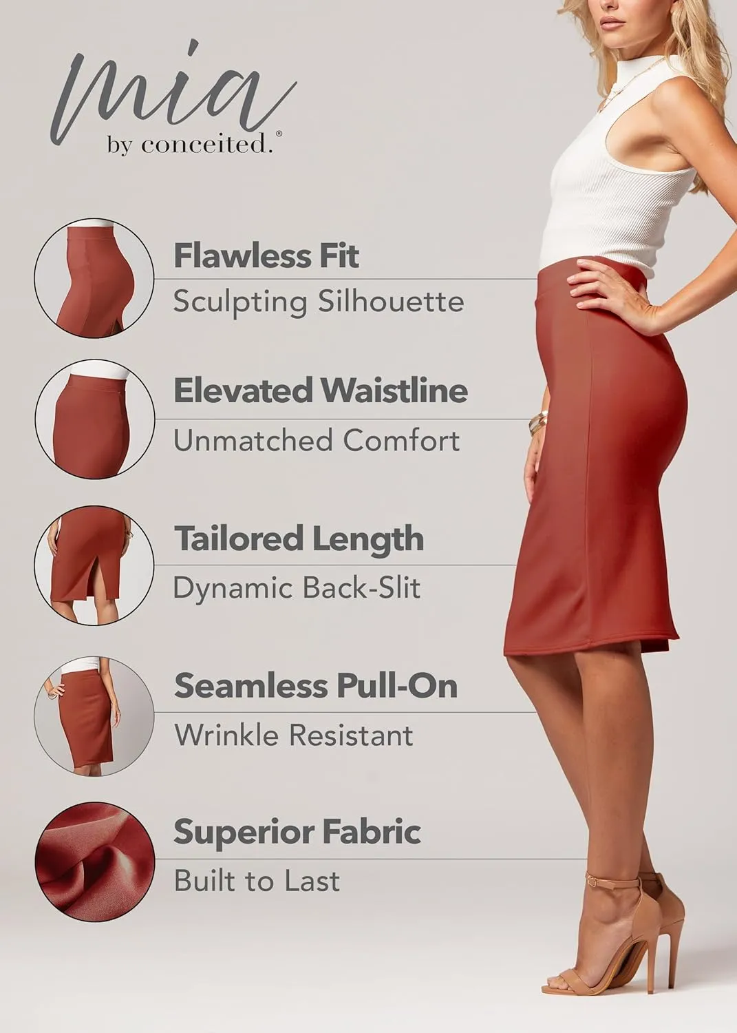 Conceited Skirts for Women - Stretch Pencil Skirt - Wear to Work - Pull On - Midi Length in Regular and Plus Size