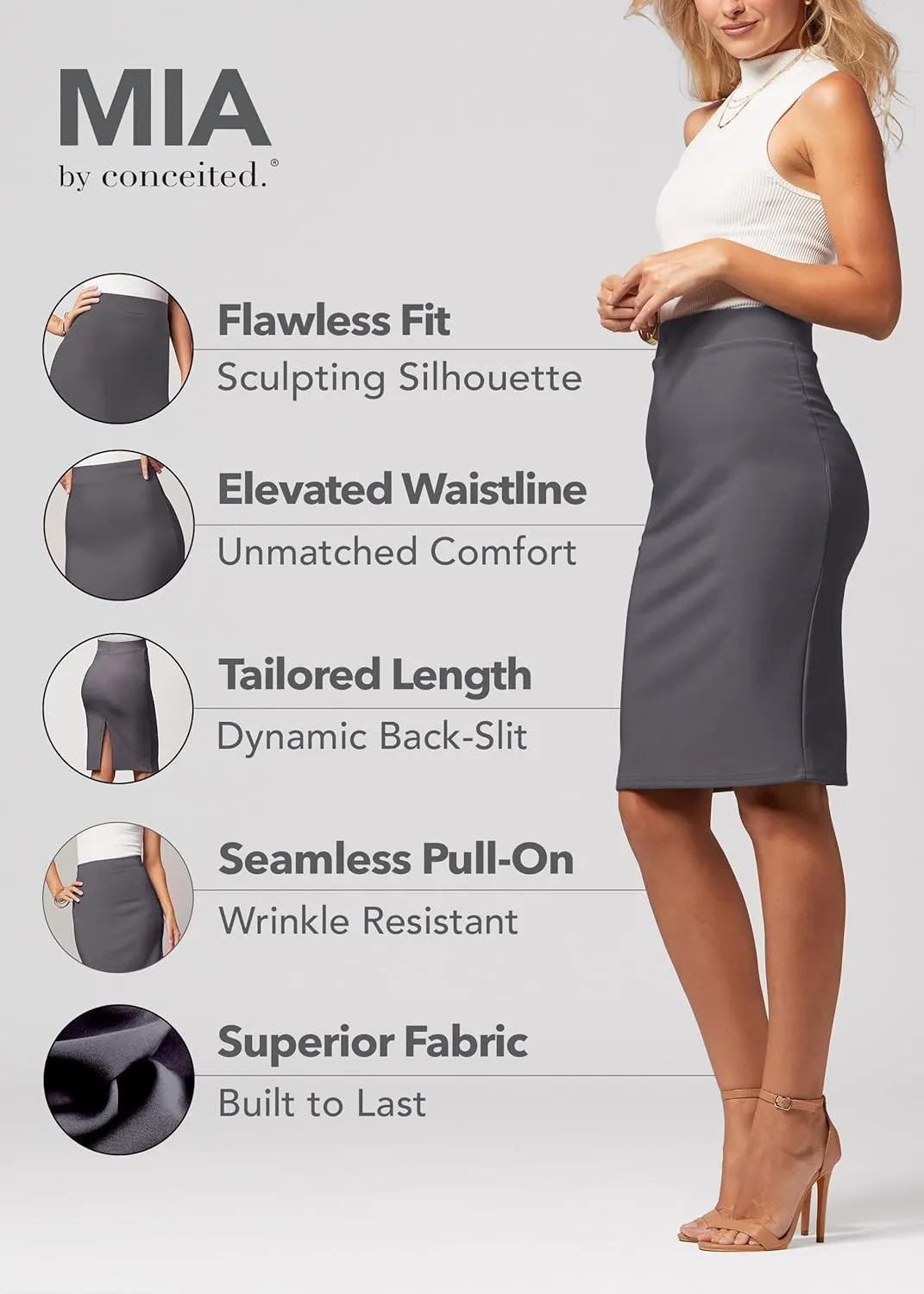 Conceited Skirts for Women - Stretch Pencil Skirt - Wear to Work - Pull On - Midi Length in Regular and Plus Size