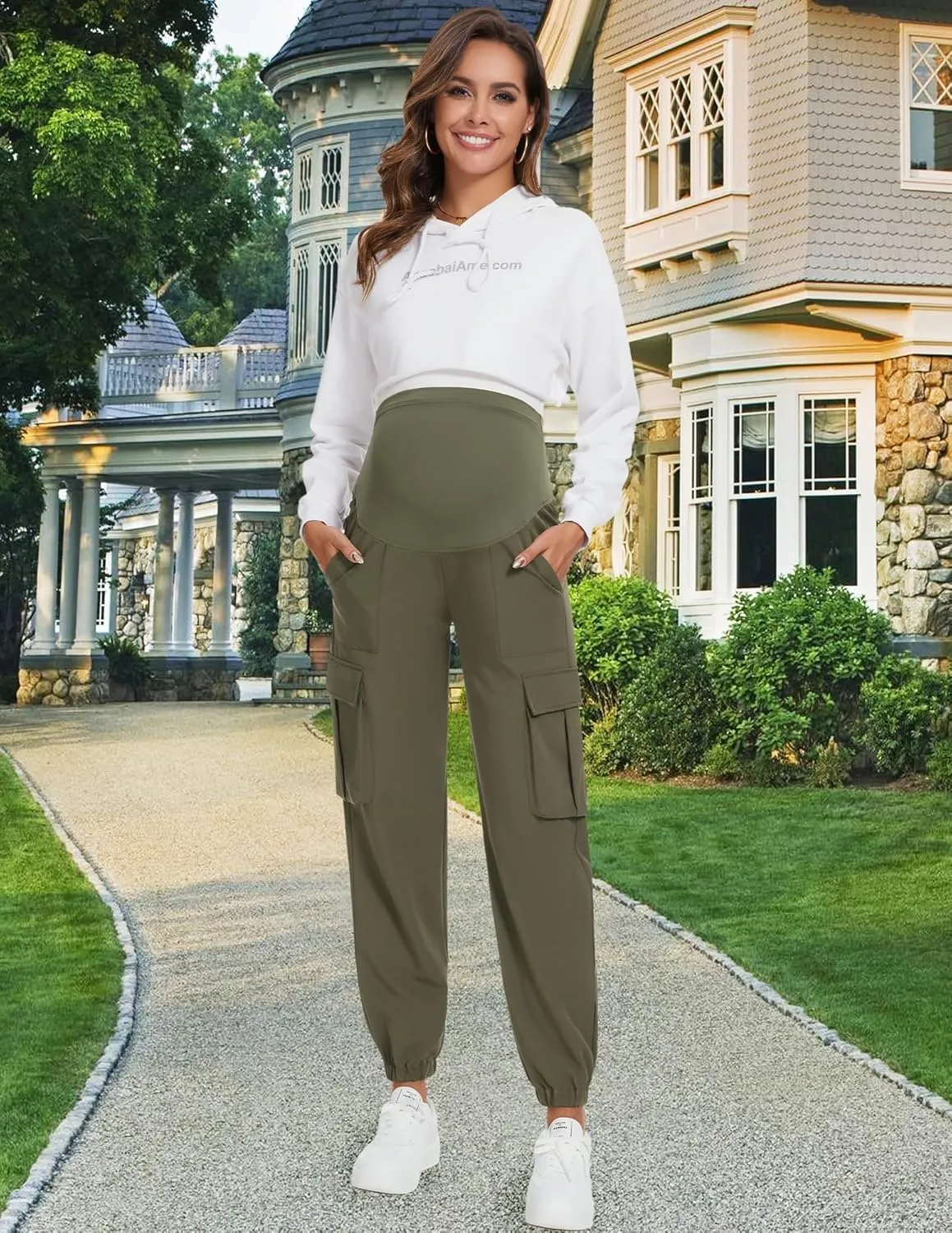FABRACK Women's Maternity Cargo Pants Over The Belly Scrub Joggers Comfy Casual Pants with 4 Pockets