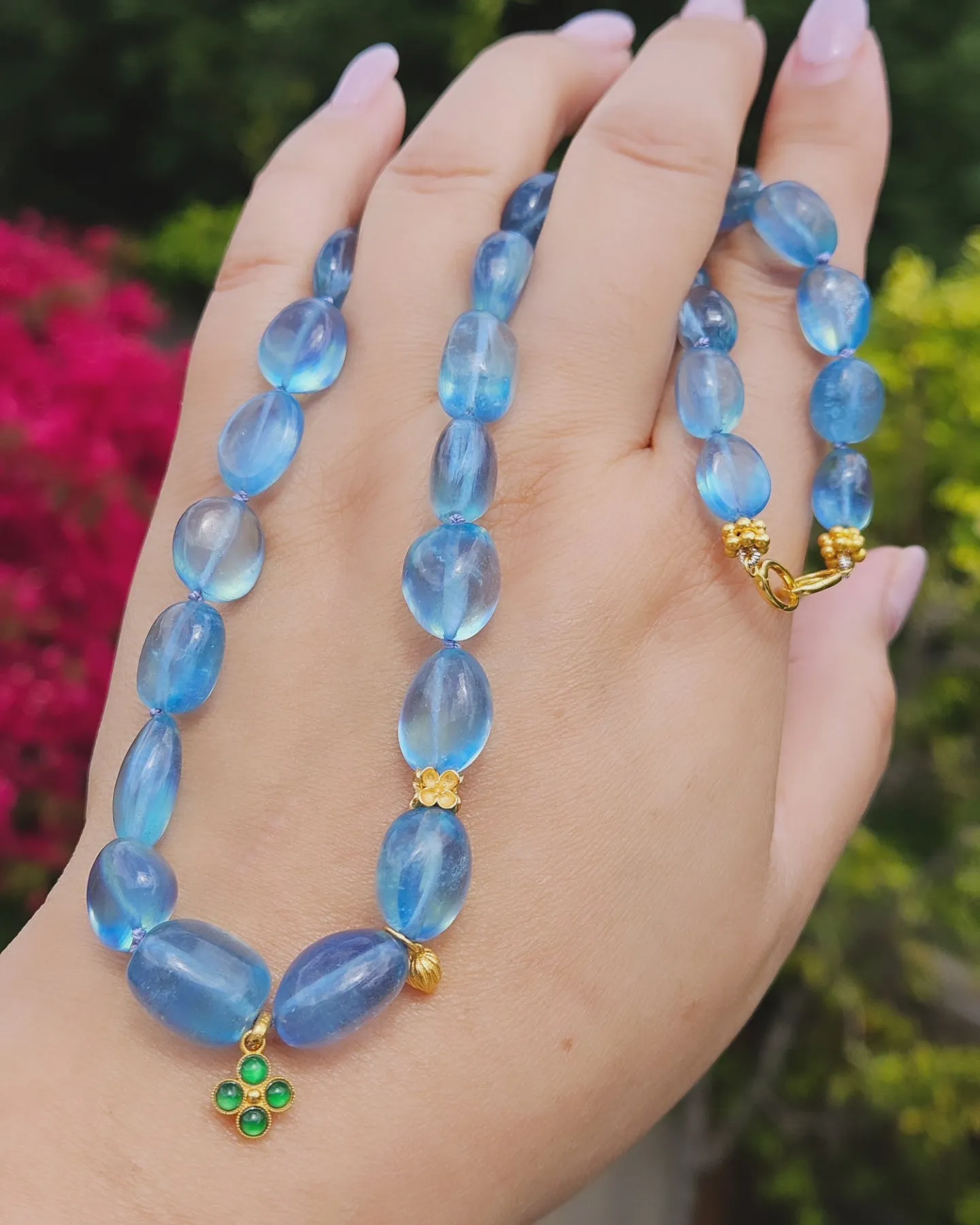 Genuine Blue Topaz Large Gemstone Nugget 18K Yellow Gold Natural Top Quality Jade Clover Charm Necklace 18"