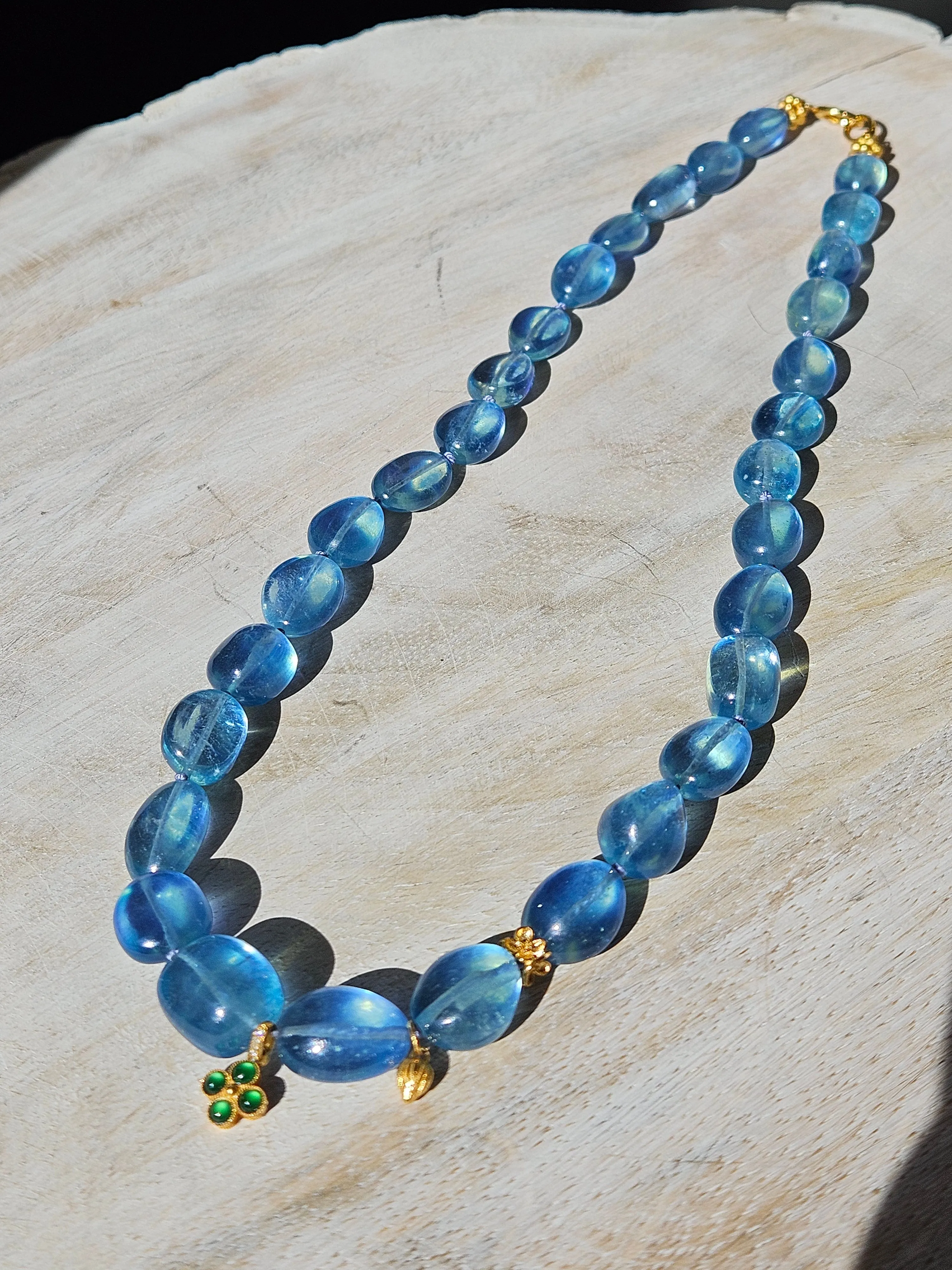 Genuine Blue Topaz Large Gemstone Nugget 18K Yellow Gold Natural Top Quality Jade Clover Charm Necklace 18"
