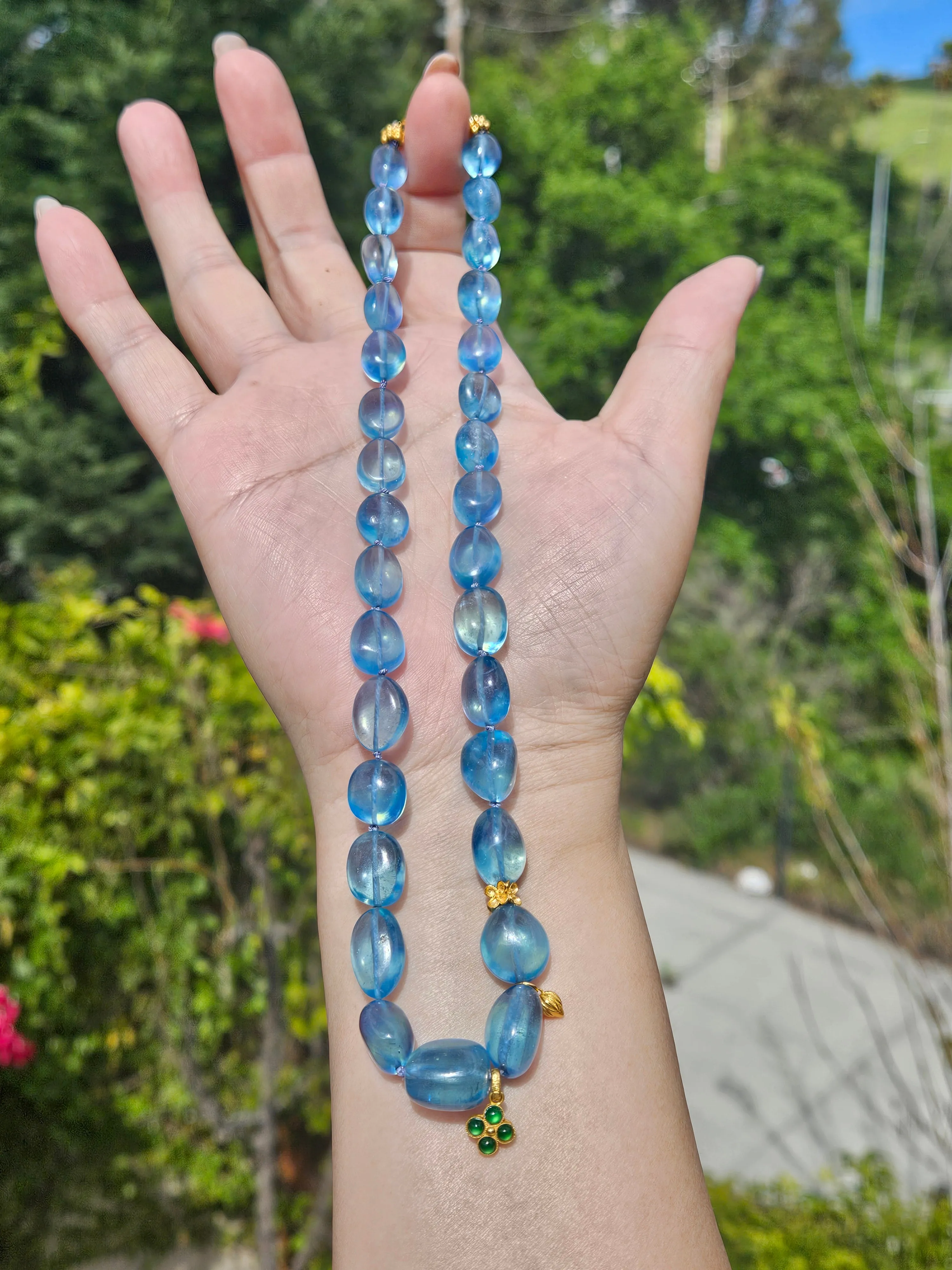 Genuine Blue Topaz Large Gemstone Nugget 18K Yellow Gold Natural Top Quality Jade Clover Charm Necklace 18"