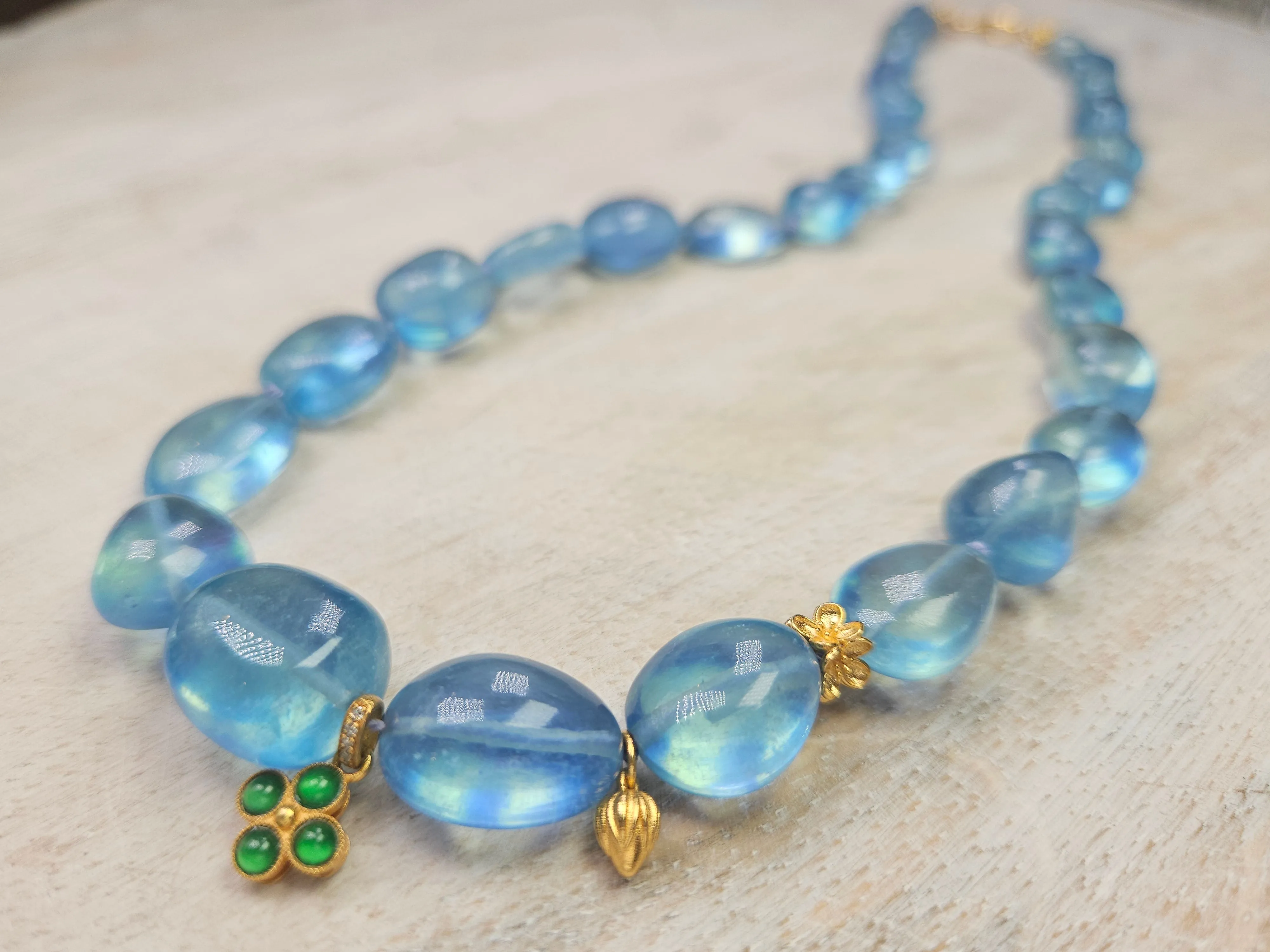 Genuine Blue Topaz Large Gemstone Nugget 18K Yellow Gold Natural Top Quality Jade Clover Charm Necklace 18"