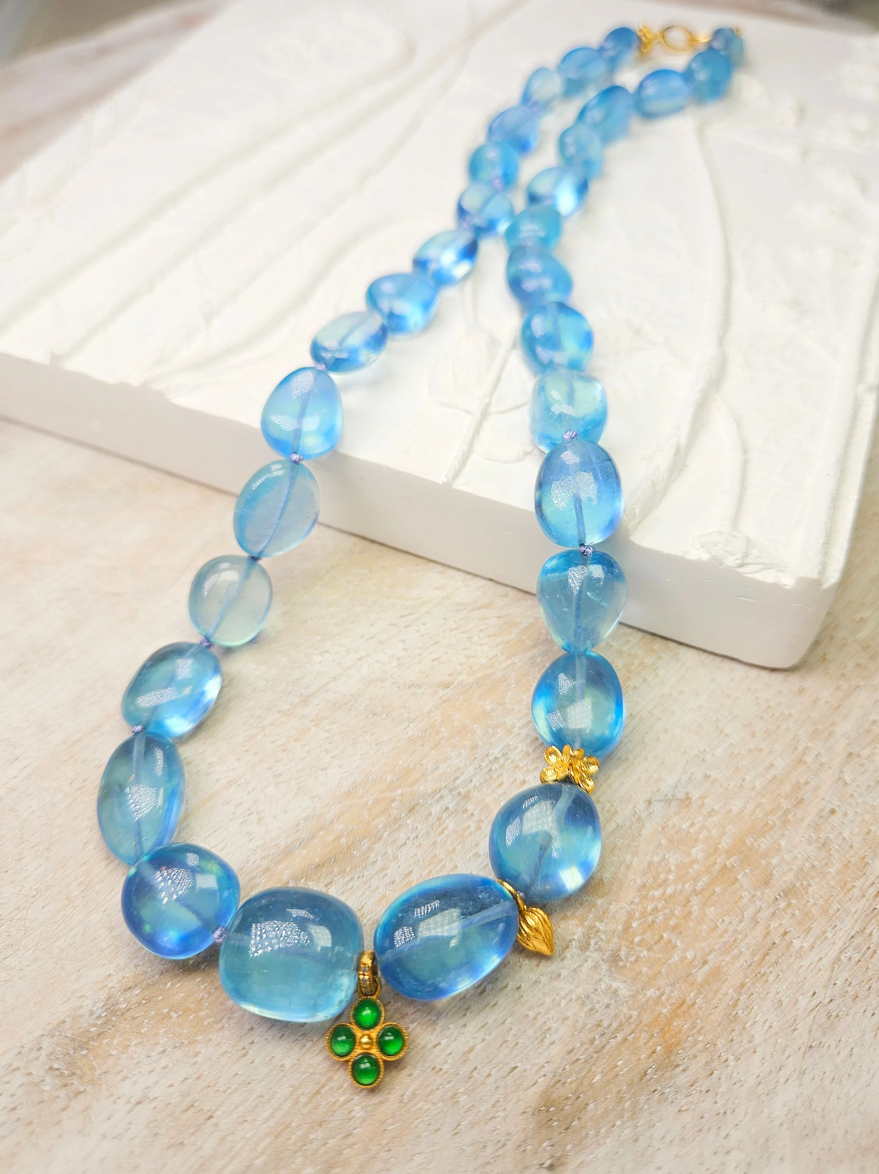 Genuine Blue Topaz Large Gemstone Nugget 18K Yellow Gold Natural Top Quality Jade Clover Charm Necklace 18"