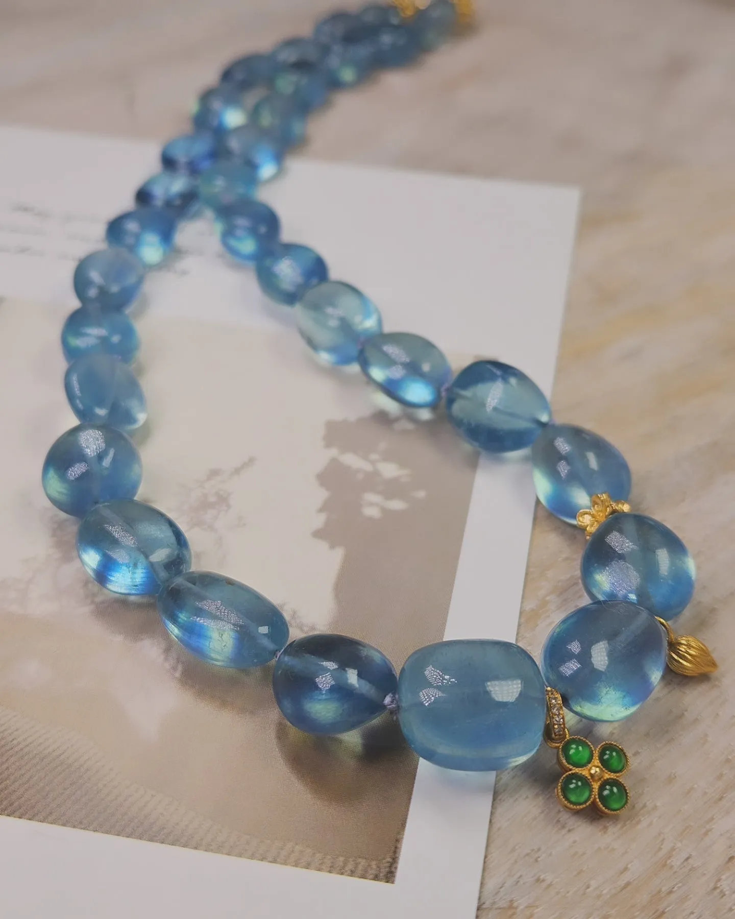 Genuine Blue Topaz Large Gemstone Nugget 18K Yellow Gold Natural Top Quality Jade Clover Charm Necklace 18"