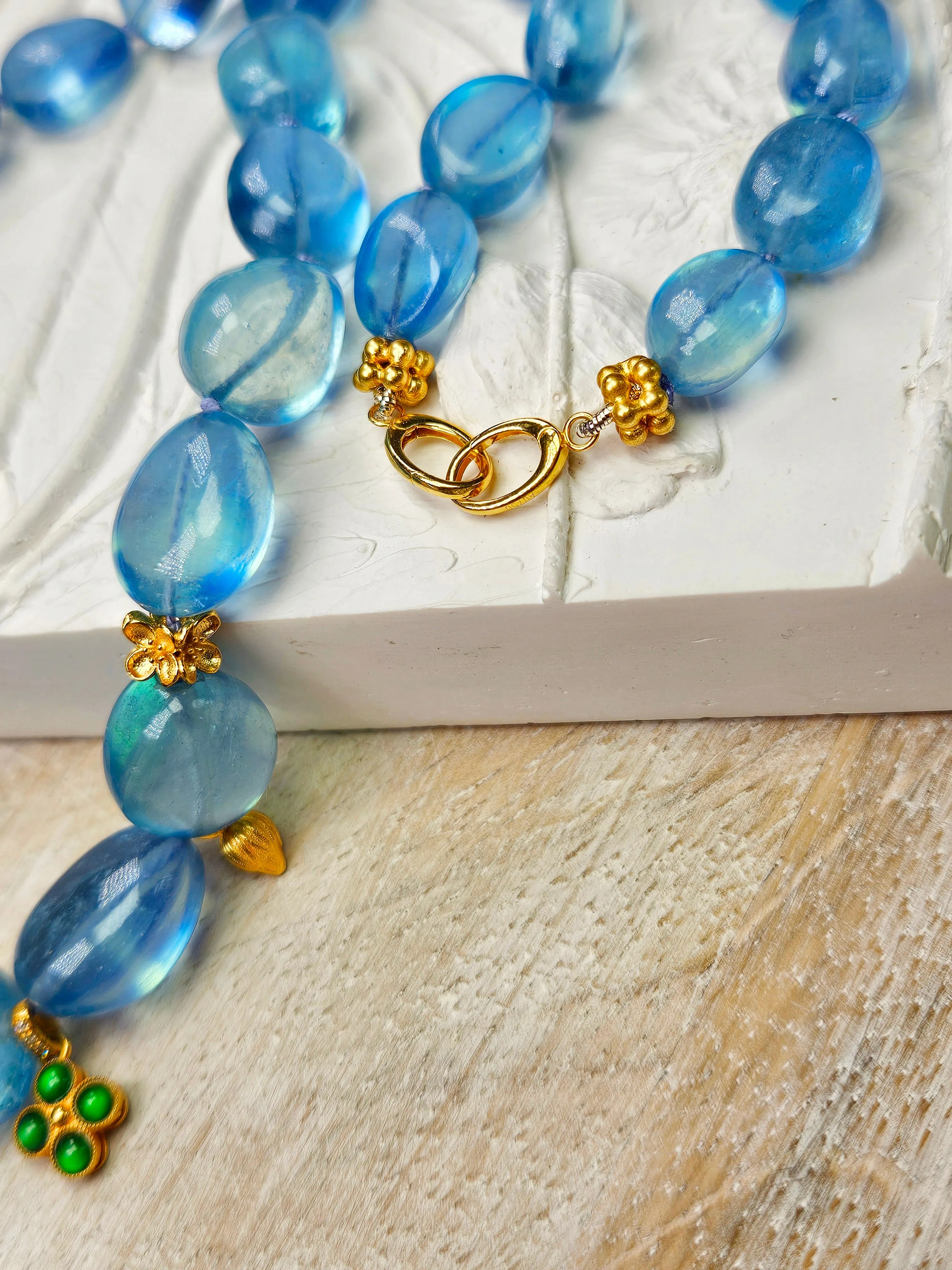 Genuine Blue Topaz Large Gemstone Nugget 18K Yellow Gold Natural Top Quality Jade Clover Charm Necklace 18"