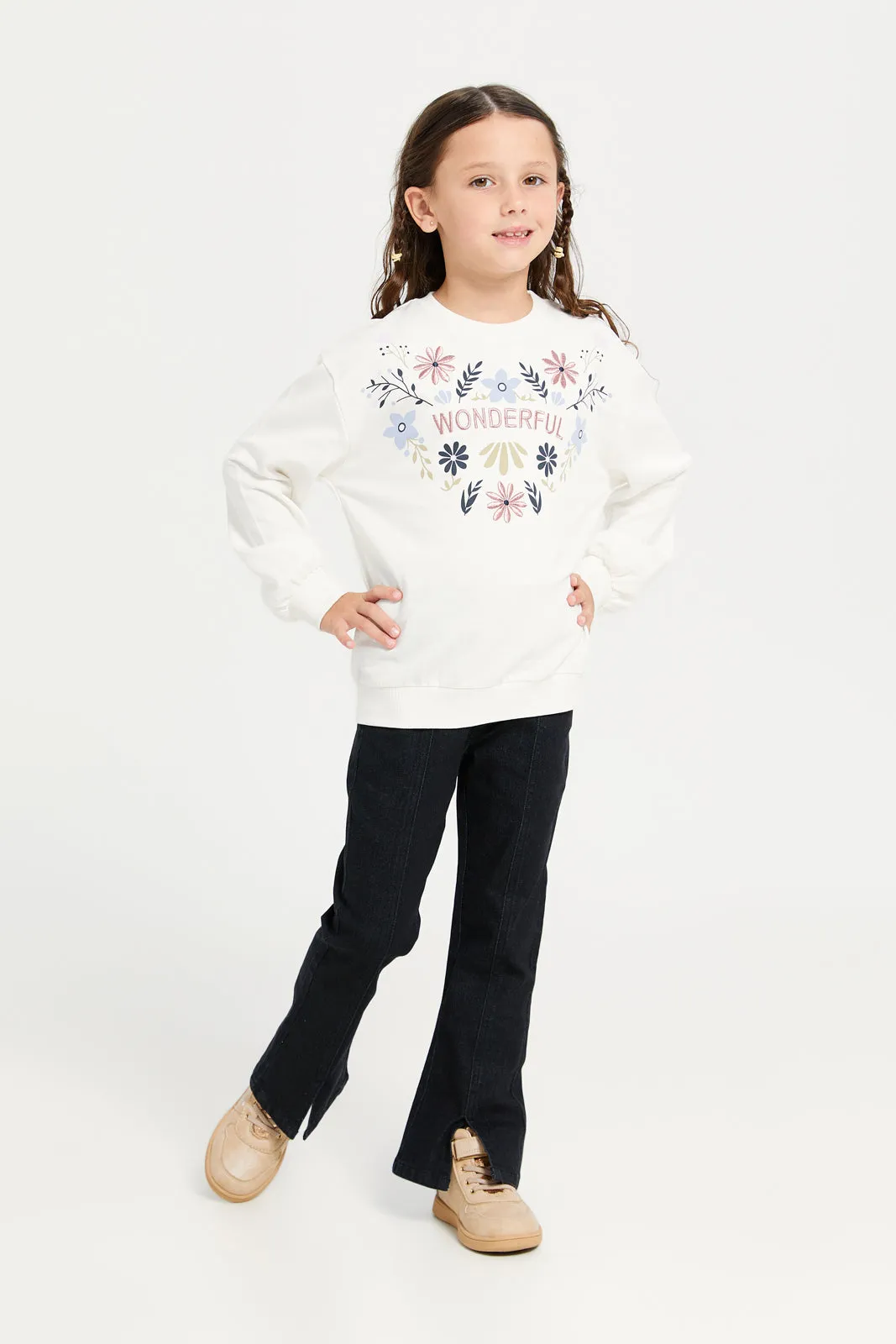 Girls Black Paneled Flared Denim Jeans