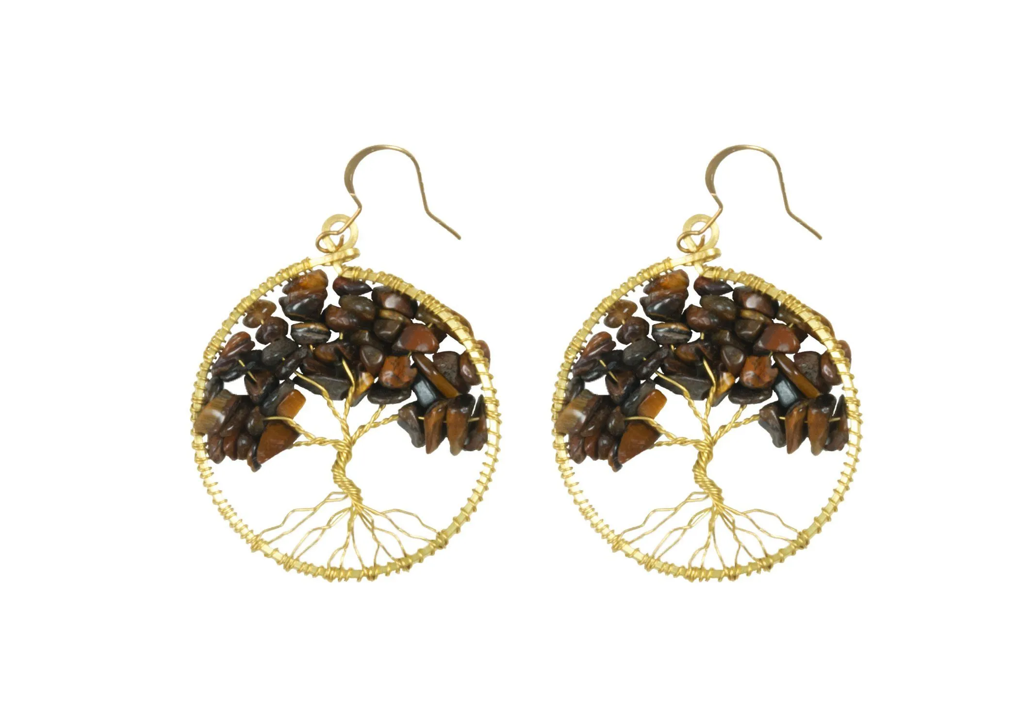 Handmade Earring Tree of Life Brass Circle Shape with Bead, Crystal and Stone