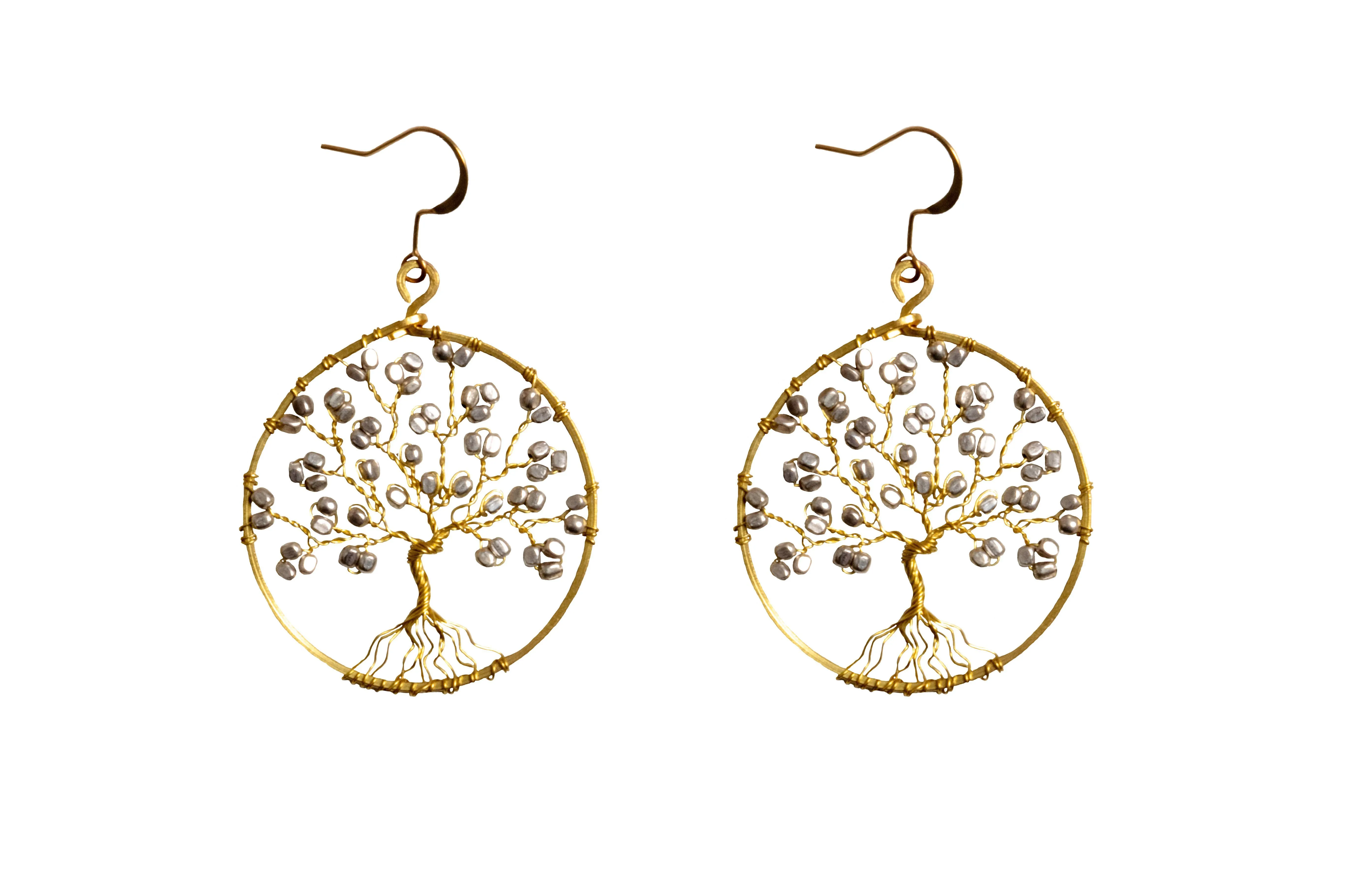 Handmade Earring Tree of Life Brass Circle Shape with Bead, Crystal and Stone