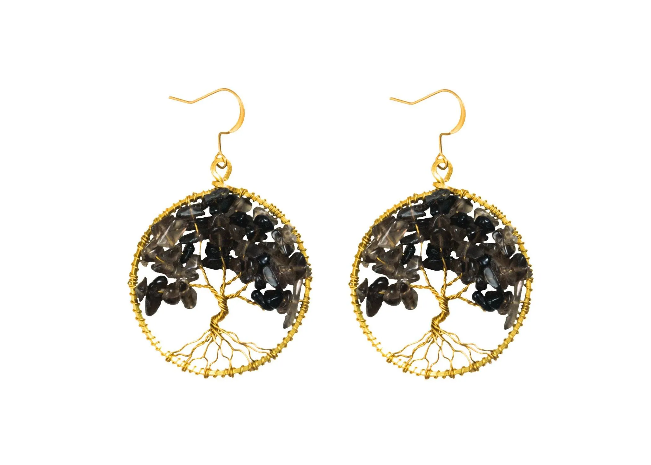 Handmade Earring Tree of Life Brass Circle Shape with Bead, Crystal and Stone