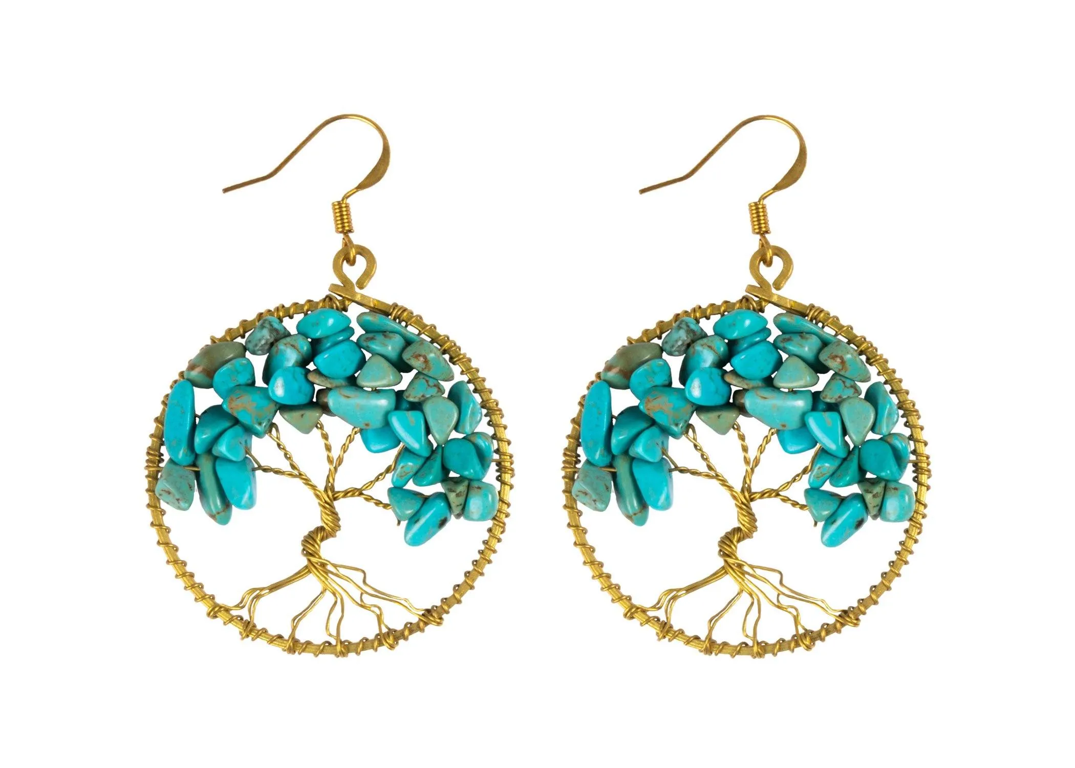 Handmade Earring Tree of Life Brass Circle Shape with Bead, Crystal and Stone