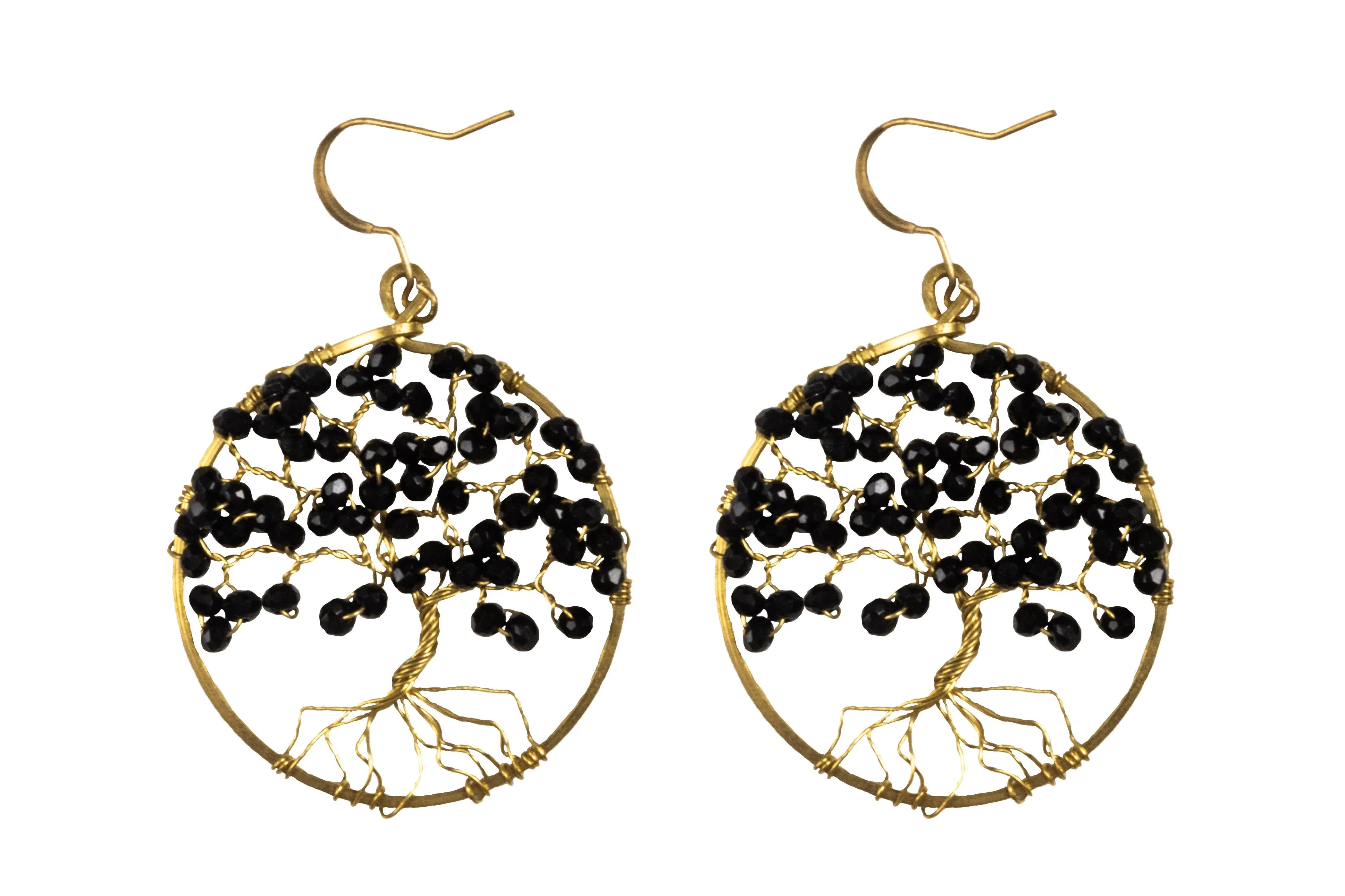 Handmade Earring Tree of Life Brass Circle Shape with Bead, Crystal and Stone