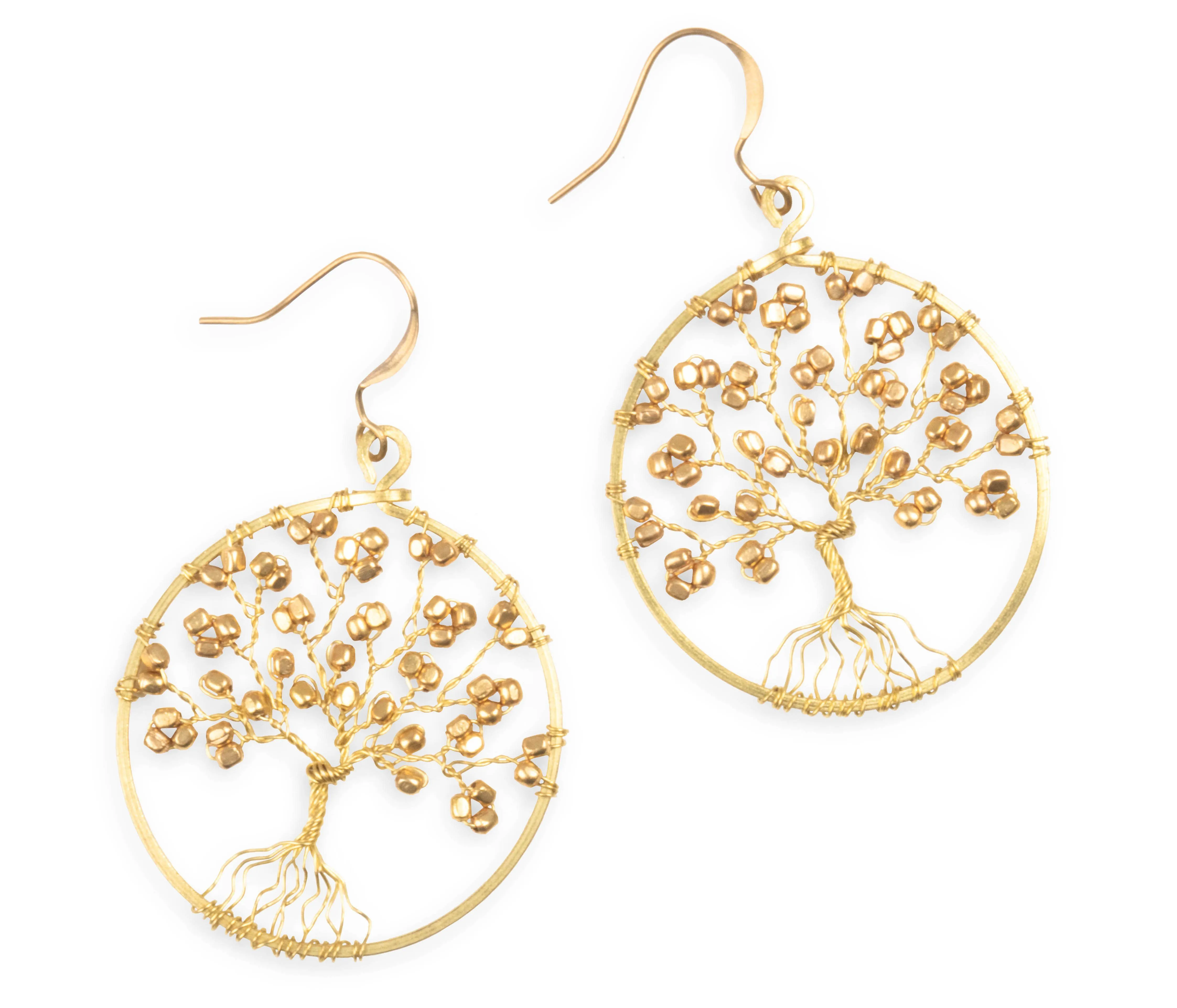 Handmade Earring Tree of Life Brass Circle Shape with Bead, Crystal and Stone