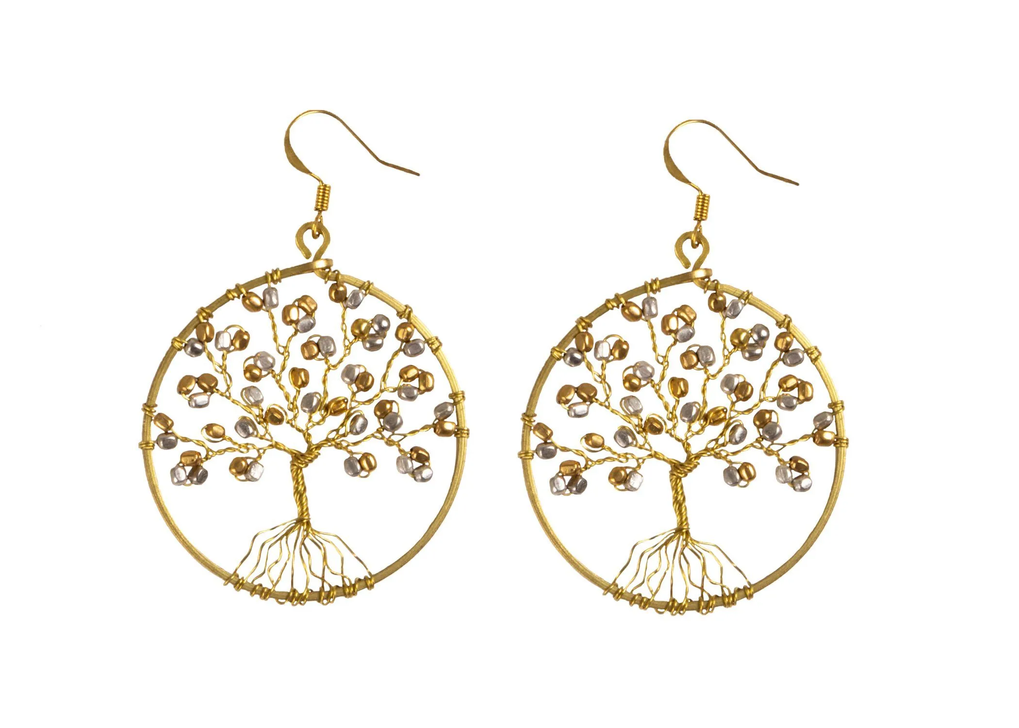 Handmade Earring Tree of Life Brass Circle Shape with Bead, Crystal and Stone