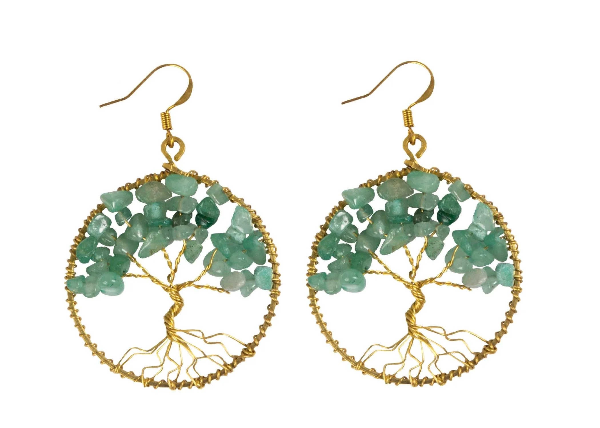 Handmade Earring Tree of Life Brass Circle Shape with Bead, Crystal and Stone