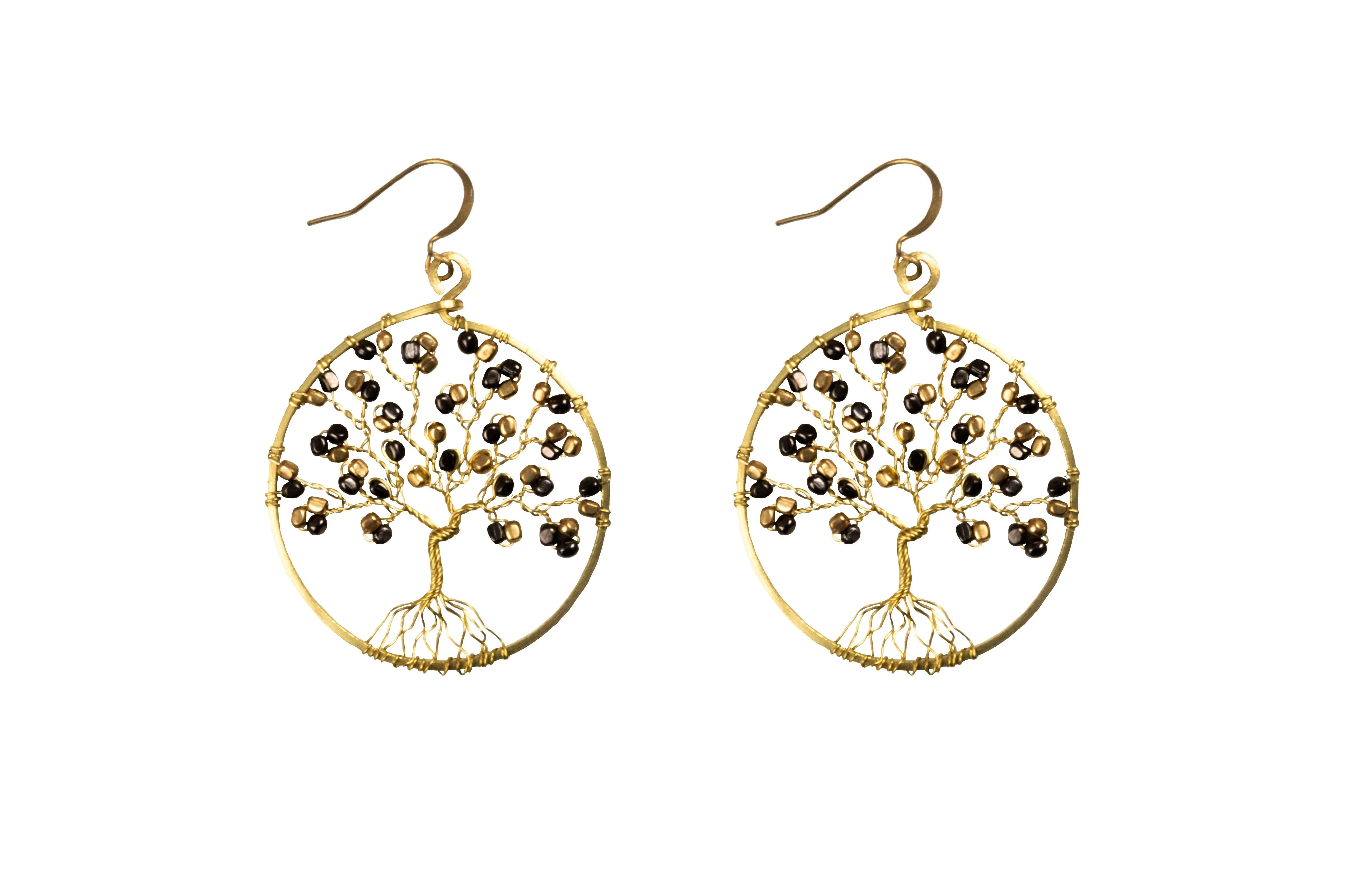 Handmade Earring Tree of Life Brass Circle Shape with Bead, Crystal and Stone