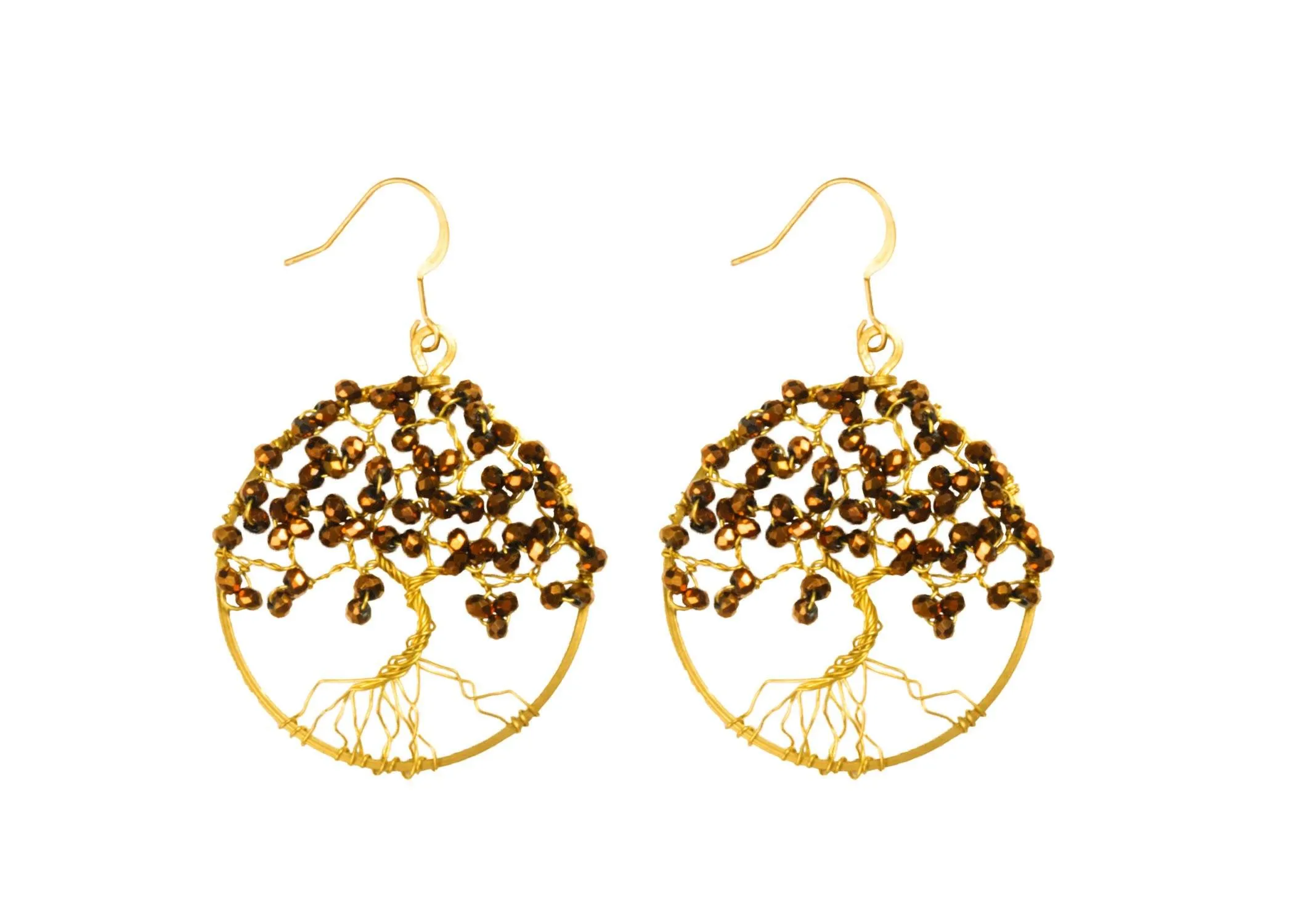 Handmade Earring Tree of Life Brass Circle Shape with Bead, Crystal and Stone