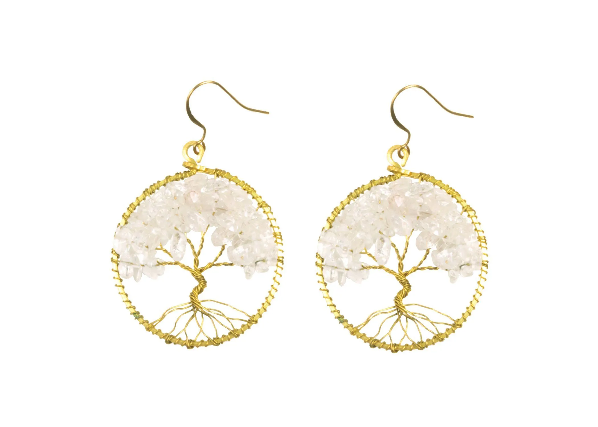 Handmade Earring Tree of Life Brass Circle Shape with Bead, Crystal and Stone