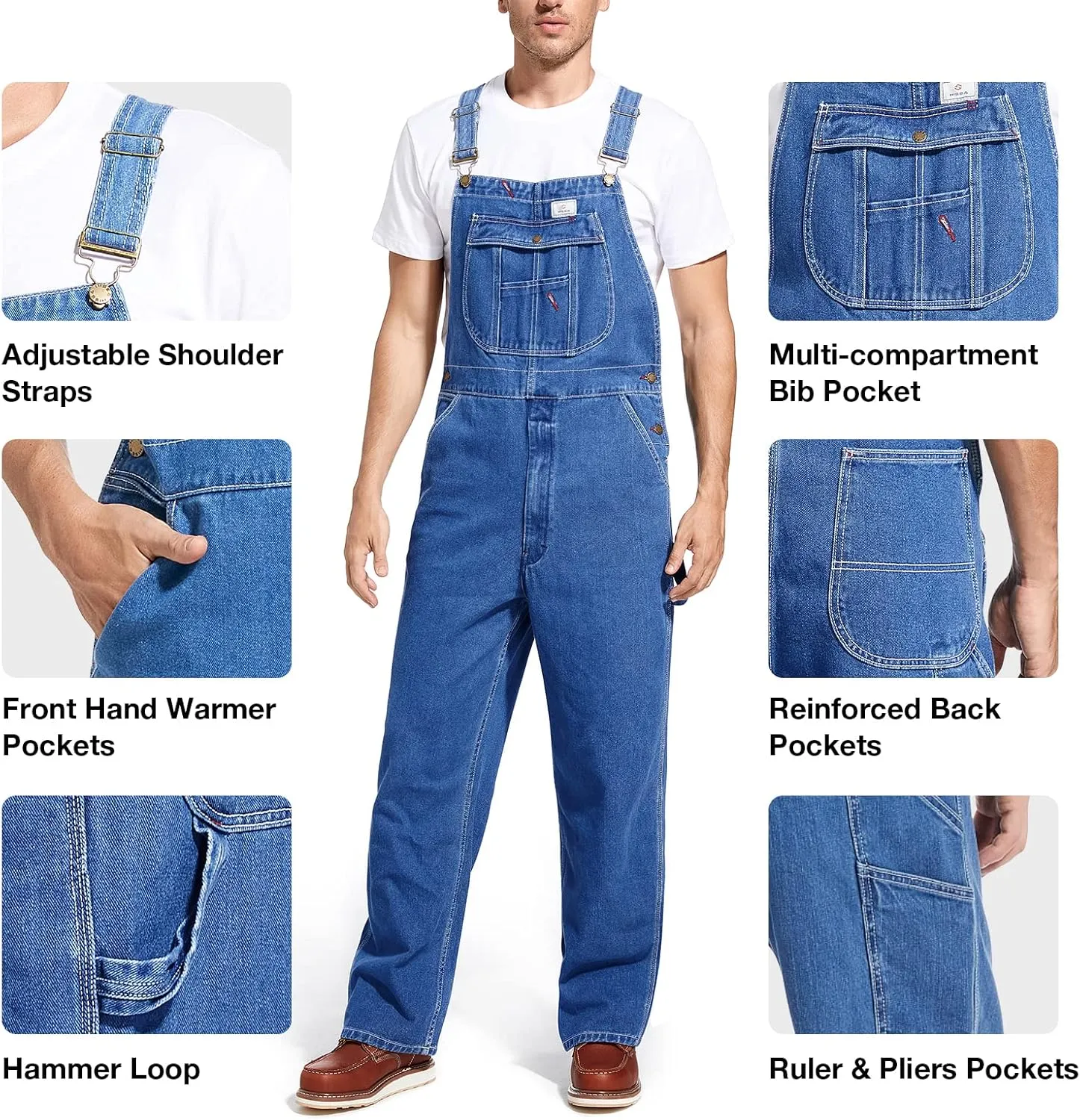 HISEA Men's Denim Bib Overall, Mens Relaxed Fit Overall Midweight Workwear with Adjustable Straps and Convenient Tool Pockets