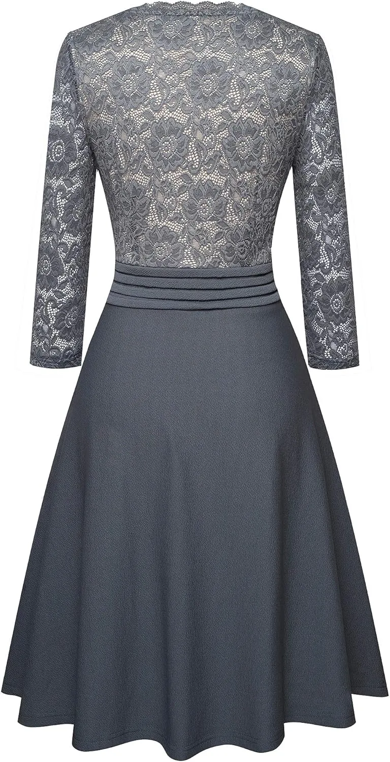 HOMEYEE Women's Chic V-Neck Lace Patchwork Flare Party Dress A062