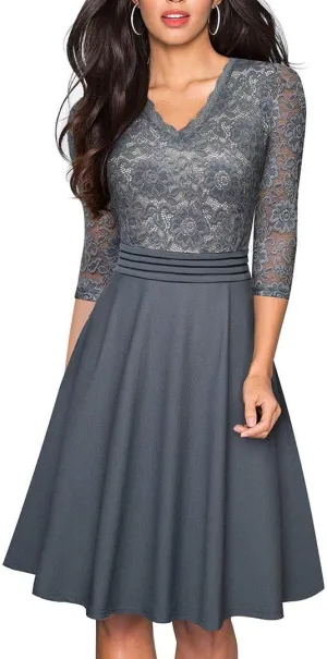 HOMEYEE Women's Chic V-Neck Lace Patchwork Flare Party Dress A062