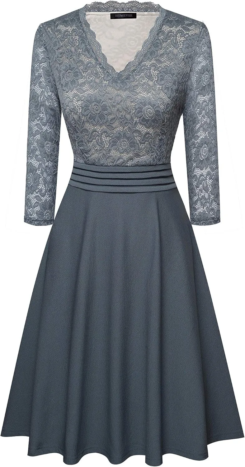 HOMEYEE Women's Chic V-Neck Lace Patchwork Flare Party Dress A062