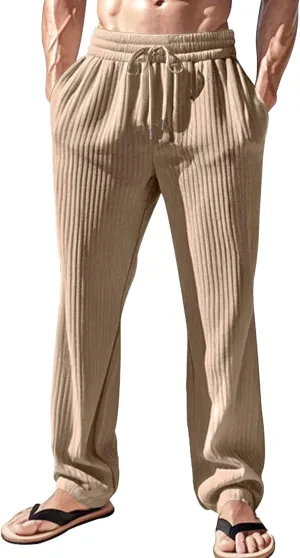 Men's Casual Elastic Waist Textured Beach Pants Wide Leg Comfort Outdoor Trousers Solid Loose Fit Stylish Pants