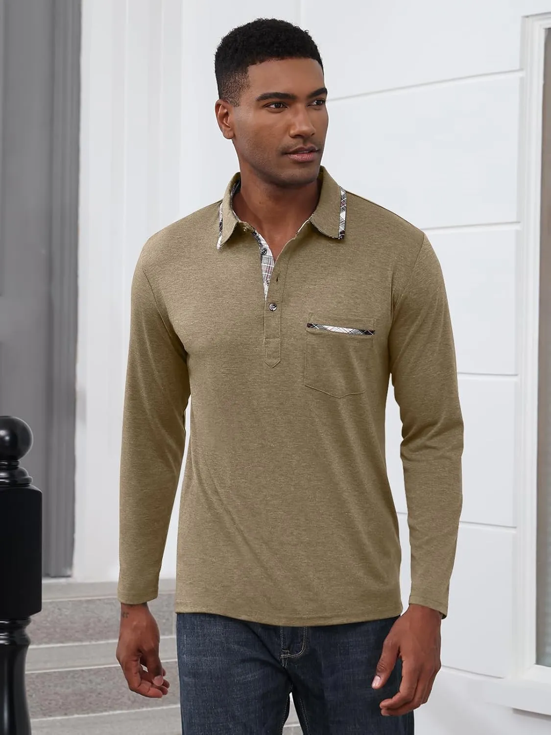 Mens Long Sleeve Polo Shirts Casual Button Moisture Cotton Tees Stylish Tops Golf Shirts with Pocket