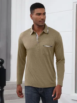 Mens Long Sleeve Polo Shirts Casual Button Moisture Cotton Tees Stylish Tops Golf Shirts with Pocket