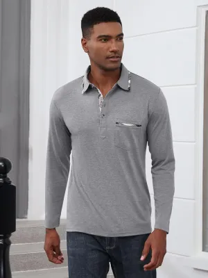 Mens Long Sleeve Polo Shirts Casual Button Moisture Cotton Tees Stylish Tops Golf Shirts with Pocket