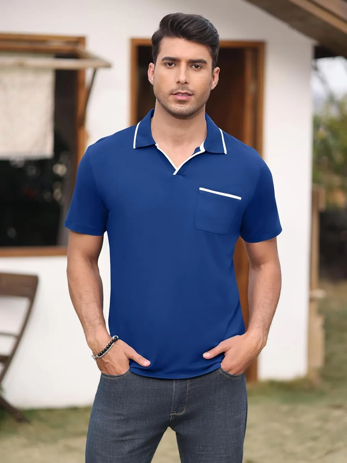 Men's Polo Shirt Short Sleeve V Neck Casual Classic Lightweight Tees Golf Cotton Stylish T-Shirt with Pocket