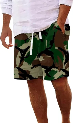 Mens Summer Casual Camo Shorts Drawstring Lightweight Outdoor Beach Shorts Loose Big and Tall Pants for Vacation