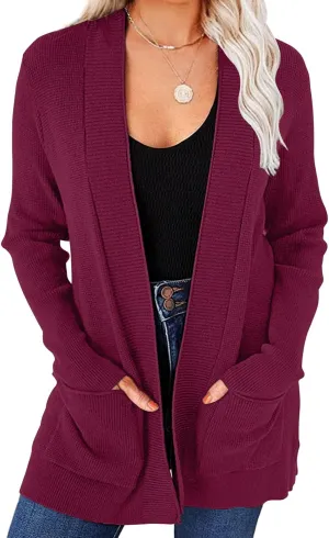 MEROKEETY Women's 2025 Fall Open Front Waffle Knit Cardigan Long Sleeve Cozy Knit Sweaters with Pockets