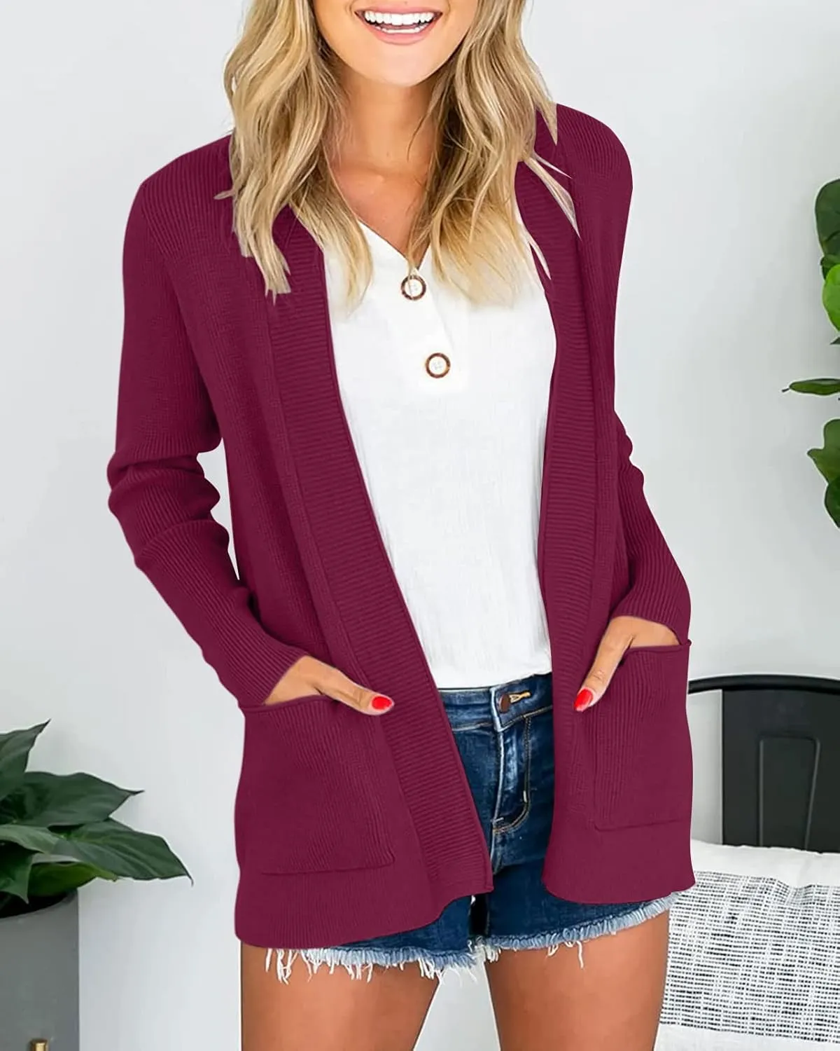 MEROKEETY Women's 2025 Fall Open Front Waffle Knit Cardigan Long Sleeve Cozy Knit Sweaters with Pockets