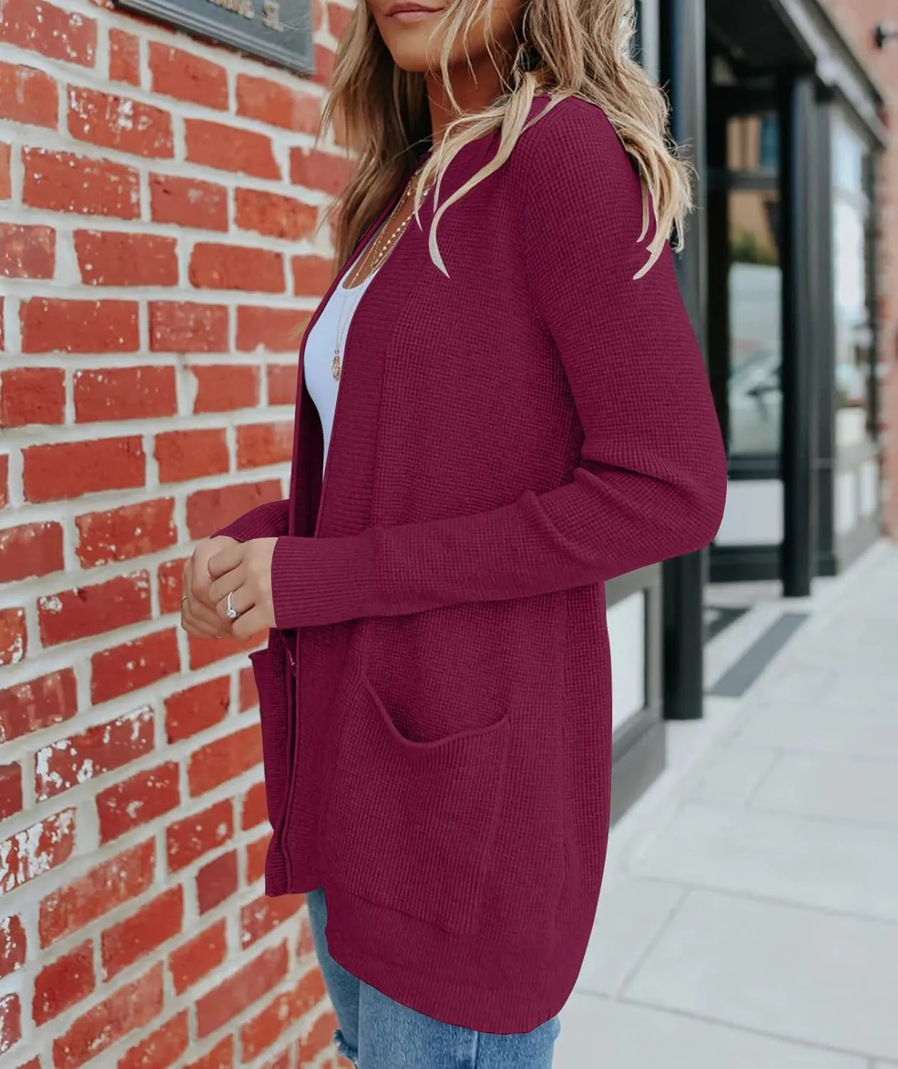 MEROKEETY Women's 2025 Fall Open Front Waffle Knit Cardigan Long Sleeve Cozy Knit Sweaters with Pockets