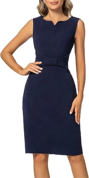 MINTLIMIT Women Sheath Dress Notch V Neck 3/4 Sleeve Bow Waist Wear to Work Pencil Dresses