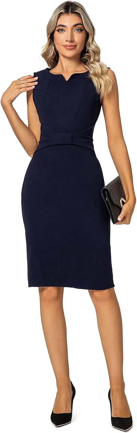 MINTLIMIT Women Sheath Dress Notch V Neck 3/4 Sleeve Bow Waist Wear to Work Pencil Dresses