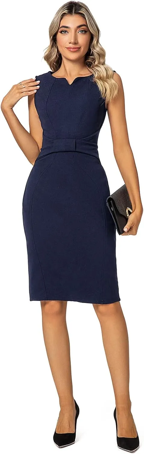 MINTLIMIT Women Sheath Dress Notch V Neck 3/4 Sleeve Bow Waist Wear to Work Pencil Dresses